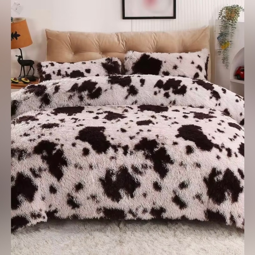 NEW Fluffy Farmhouse Cow Print Double / Full SiE Duvet Cover & 2 Pillow Shams